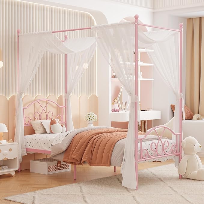 Weehom Princess Canopy Bed Frame with 4 Posters, Sturdy Metal Platform Mattress Foundation with Headboard&Footboard No Box Spring Needed Twin Size Bed for Kids Girls Adults Pink