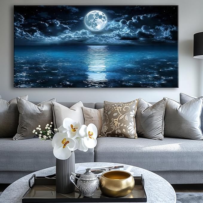Huaaliunn Big Moon Canvas Wall Art - Modern Seascape Paintings for Living Room, Bedroom Wall Decor, Art for Home or Office Decoration, Large Wall Art 71"x36"