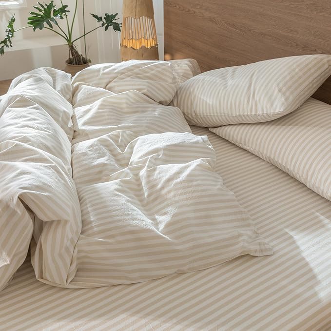 MooMee Striped Duvet Cover Set 100% Washed Cotton Linen Like Textured Breathable Durable Soft Comfy (Almond Milk Grey Classic Stripes, Cal King 104"x98")