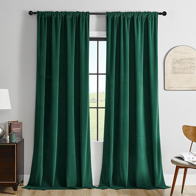Joydeco Green Velvet Curtains 102 inch Length 2 Panels, Luxury Blackout Rod Pocket Thermal Insulated Window Curtains, Super Soft Room Darkening Drapes for Living Dining Room Bedroom,W52 x L102 inches