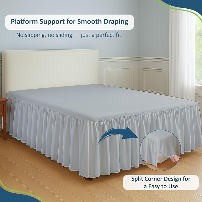 Rajlinen Ruffled Bed Skirt Twin XL, 16 Inch Drop Dust Ruffle with Split Corners, 100% Microfiber Bedskirt with Platform, Three-Sided Coverage Ruffled Gathering Design, Light Grey