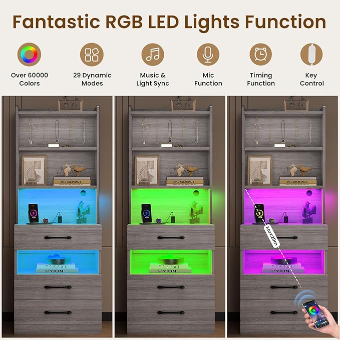 VIAGDO Tall Nightstand with Charging Station and LED Lights, Large Grey Night Stand with Bookshelf, Modern LED Bedside Table with 3 Drawers and Storage Shelves, End Side Table for Bedrooms, Dorms