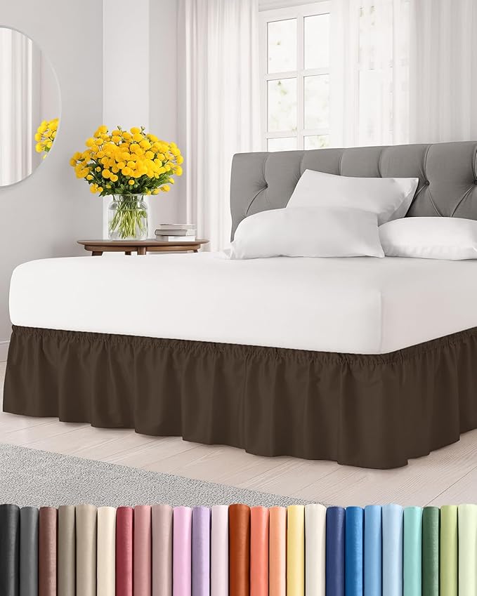 Wrap Around Dust Ruffle Bed Skirt - Brown - Twin/Twin XL Size Beds with 21 Inch Drop - Easy Fit Elastic Strap - Adjustable Pleated Bedskirt w/Brushed Fabric - Wrinkle Free - Women, Men, Kids & Teens