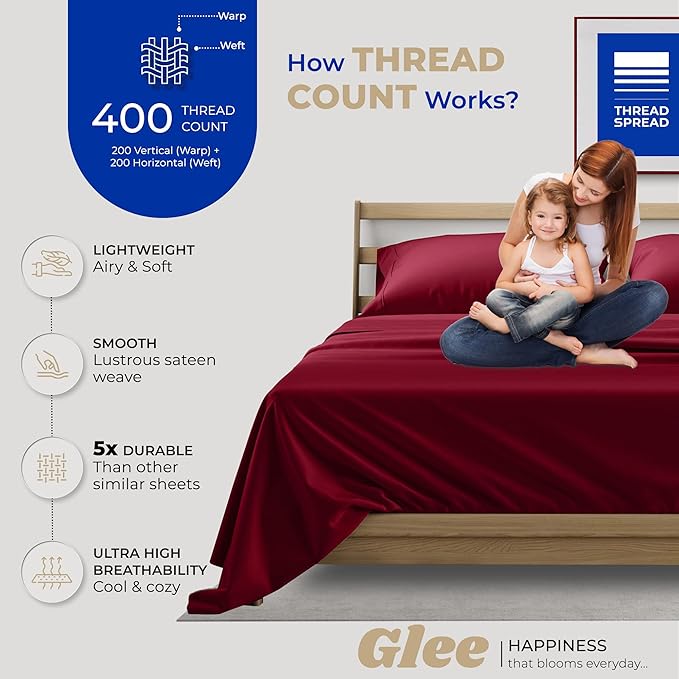 THREAD SPREAD 100% Cotton Bed Sheets Full Sheet Set - 400 Thread Count Sheets Full Size 4 PC Set (Burgundy), Soft, Cooling, Hotel-Quality 16" Deep Pocket Sateen Cotton Bedsheet for Hot Sleepers