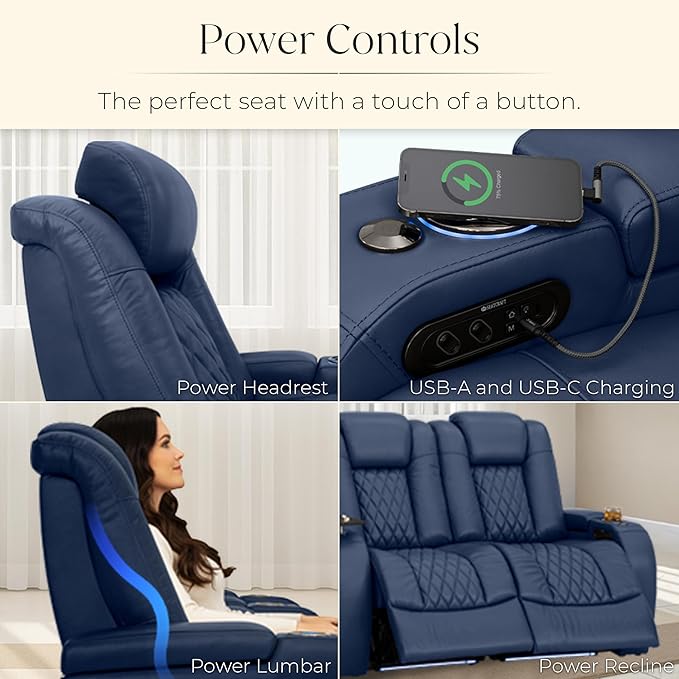 Seatcraft Diamante Zero-Gravity CoolZero Italian Leather Home Theater Seating, Power Headrest, Power Recline, Row of 2, Navy Blue