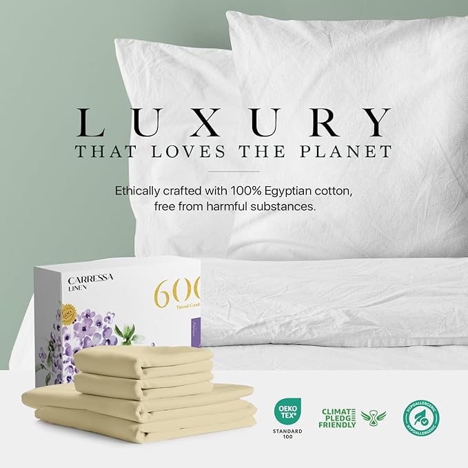 Carressa Linen 100% Egyptian Cotton Full Size Sheets - 600 Thread Count Full Size Egyptian Cotton Sheets (4 PC, Beach Sand), Soft, Cooling, 16" Deep Pocket Sateen Weave Luxury Hotel Bed Sheet Set