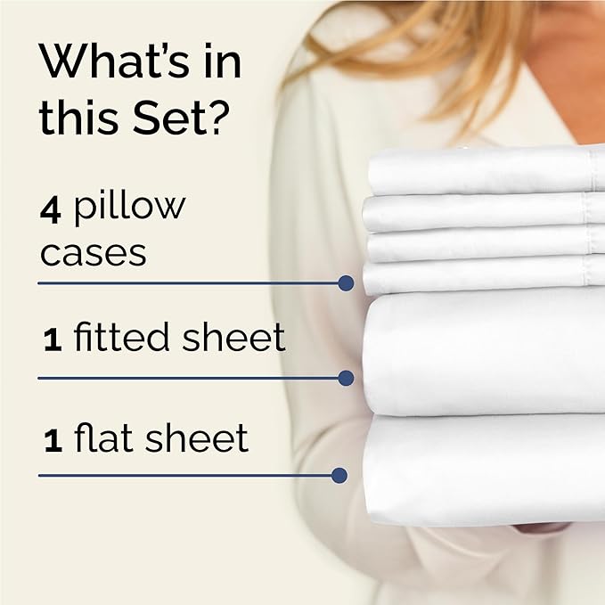 Full 6 Piece Sheet Set - Cooling, Comfy & Breathable - Hotel Luxury Bedding, Includes Fitted Sheet for Women, Men, Kids and Teens - 1 Flat, 1 Fitted Sheet, 4 Pillowcases with Deep Pockets - White