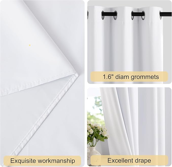 NICETOWN 100% Blackout White Curtains 96 inches Long 2 Panels, Grommet Full Blackout Window Treatments Thermal Drapes for Bedroom/Living Room，W46 x L96
