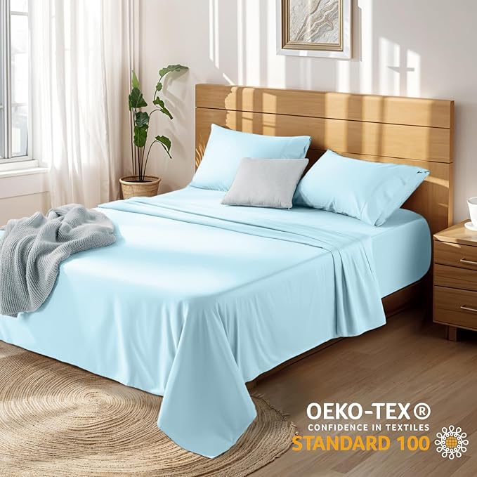 LBRO2M 100% Cotton Sheets Set Deep Pocket 19", 1000 Thread Count King Size 4 Piece Bed Sheet Sets Soft Comfortable Bedding All Season (King, Light Blue)