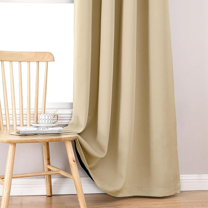 ChrisDowa 100% Blackout Curtains 80 inch Long for Bedroom with Black Liner, 2 Thick Layers Total Blackout Thermal Insulated Grommet Window Curtains 2 Panels Set (Beige, 52 x 80 Inch)
