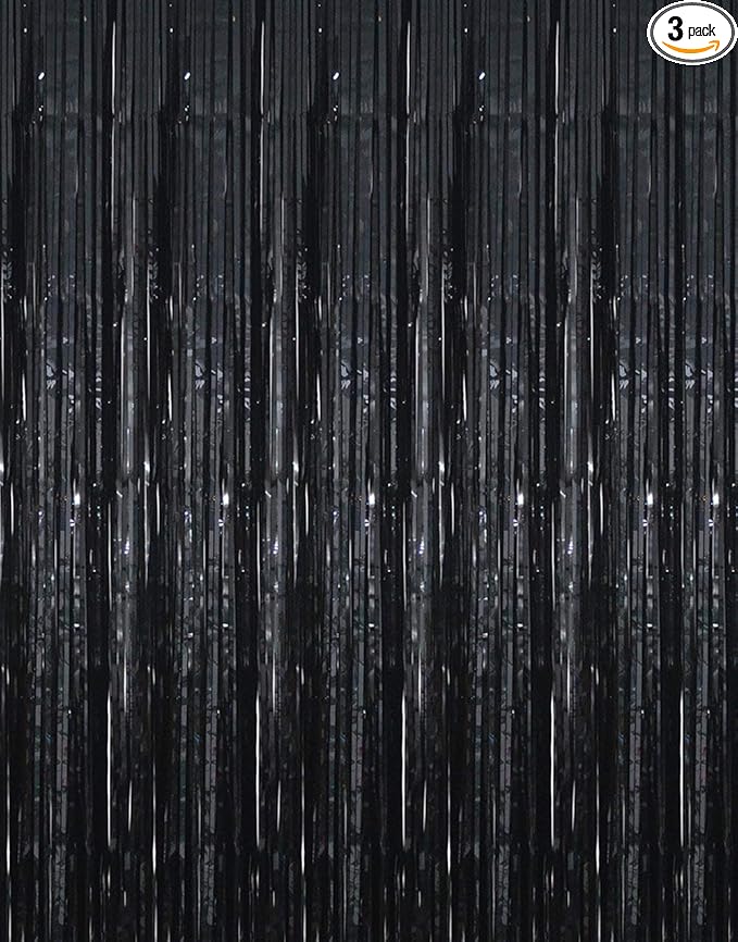 GOER 3.2 ft x 9.8 ft Metallic Tinsel Foil Fringe Curtains Party Photo Backdrop Party Streamers for Halloween,Birthday,Graduation,New Year Eve Decorations Wedding Decor (3 Packs,Black)