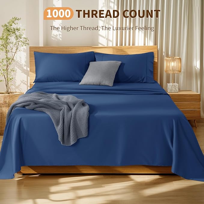 LBRO2M 100% Cotton Sheets Set Deep Pocket 19", 1000 Thread Count California King Size 4 Piece Bed Sheet Sets Soft Comfortable Bedding All Season (California King, Navy Blue)