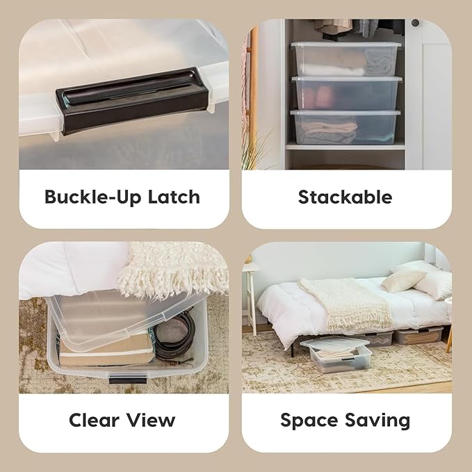 IRIS USA 33 Qt Plastic Under Bed Storage Organizer Bin Container with Secure Lids and Durable Black Buckles, 3-Pack, Multi-Purpose for Clothes Shoes Clothing Bedding, Short, Clear
