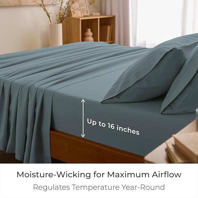 Mellanni Full Sheet Set - 6-Piece Iconic Collection Bedding, (Including 4 Pillowcases), 16-Inch Deep Pocket, Easy Care, Extra Soft, Cooling Sheets, Brushed Microfiber - Spa Blue