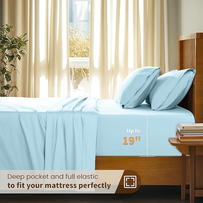 LBRO2M 100% Cotton Sheets Set Deep Pocket 19", 1000 Thread Count California King Size 4 Piece Bed Sheet Sets Soft Comfortable Bedding All Season (California King, Light Blue)