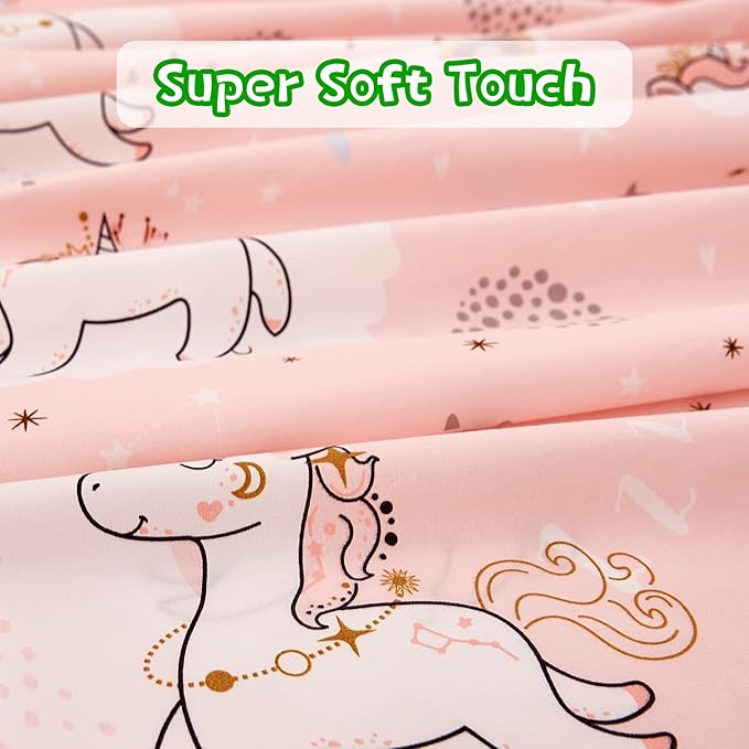 JSD Pink Unicorn Kids Sheet Set Twin Size, 3 Piece Girls Rainbow Printed Microfiber Bed Sheets Deep Pocket