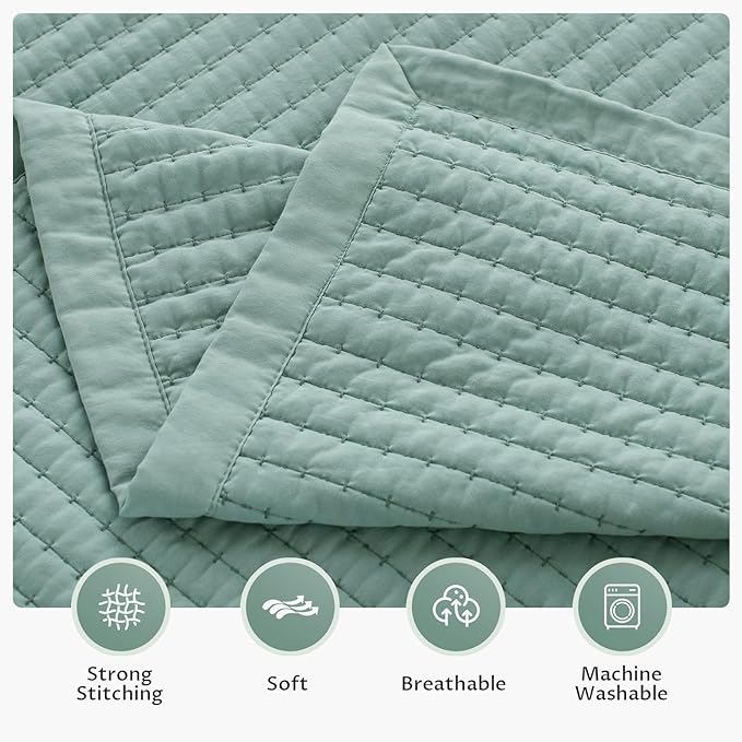 KASENTEX Twin Quilt Set 68"x86" – Soft Washed 3-Layer Lightweight Bedspread, Minimalist Nordic Design, All-Season Spring & Summer Quilt Set (1 Quilt + 2 Pillow Shams), Green