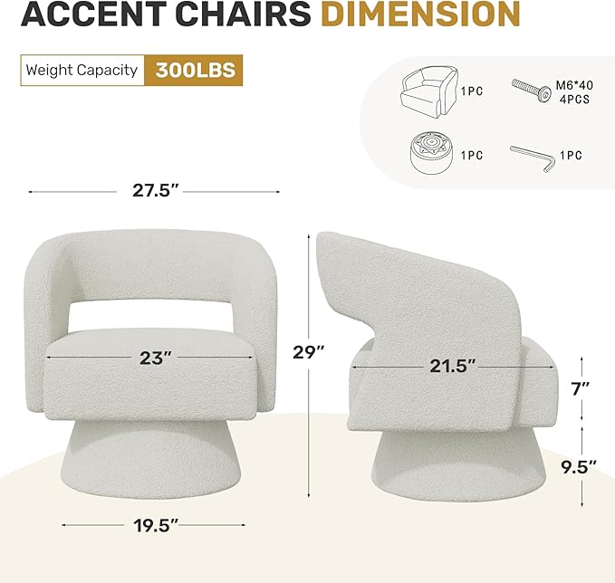 Swivel Accent Chair Set of 4, Modern Comfy Teddy Barrel Chairs, Oversized Upholstered Round Arm Chair for Living Room, Bedroom, Reading Room, White