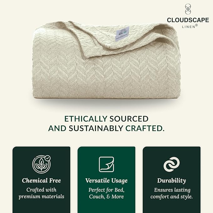 Cloud Scape Linen 100% Cotton Blanket Twin 68x92 Fog - Cozy Herringbone Weave, Fits Up to Twin XL Size Beds, Breathable Softness, All-Season Warmth, Winter Blanket, Bedding Gift Choice