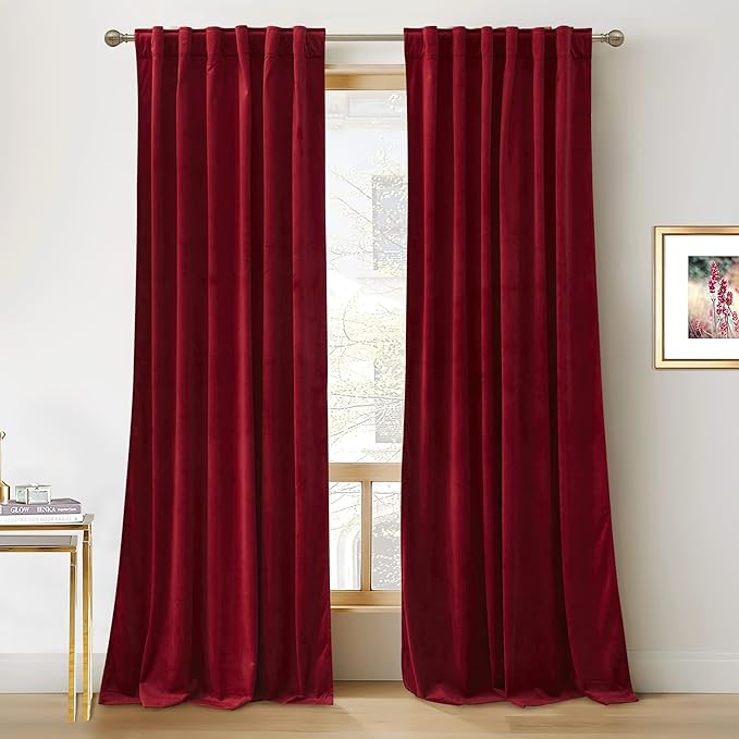 RYB HOME Red Theater Moive Velvet Curtains - Light & Heat Block Back Tabs Window Treatment Energy Efficient Privacy Protection Drapes for Hotel Villa Living Room, Ruby Red, W52 x L120 inches, 2 Panels