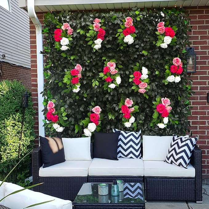 Sumery Expandable Fence Privacy Screen for Balcony Patio Outdoor,Decorative Faux Ivy Fencing Panel,Artificial Hedges (Single Sided Leaves) (2, Branches -Colorful Rose)