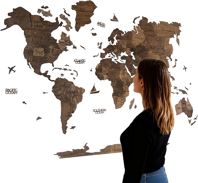 Handmade 3D Wood World Map Wall Art Large Wall Decor Track Your World Travels - Special for Home, Kitchen and Office (Medium, Walnut)