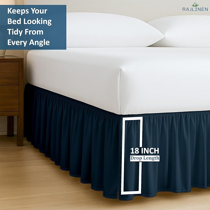 Rajlinen Ruffled Bed Skirt California King, 18 Inch Drop Dust Ruffle with Split Corners, 100% Microfiber Bedskirt with Platform, Three-Sided Coverage Ruffled Gathering Design, Navy Blue