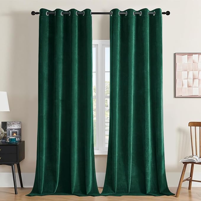 Joydeco Dark Green Velvet Curtains 72 Inches Long, Luxury Grommet Blackout Curtain 2 Panels, Thermal Insulated Privacy Room Darkening Window Drapes for Bedroom Living Room Home Theatre (52Wx72L)