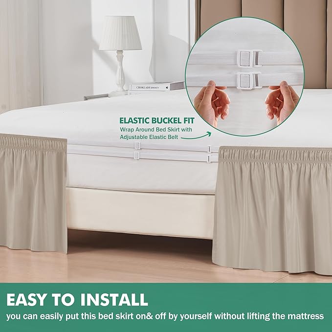 Biscaynebay Wrap Around Bed Skirts with Split Corners for King Beds 15" Drop, Light Camel Adjustable Elastic Dust Ruffles Easy Fit Wrinkle Resistant Silky Luxurious Fabric Machine Washable