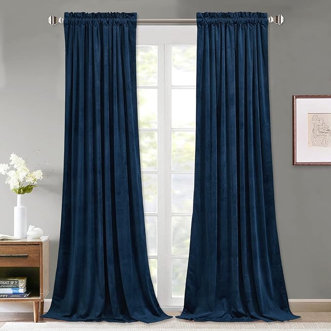 StangH Navy Blue Curtains for Living Room, Luxury Velvet Blackout Thermal Insulated Sliding Door Curtains Heavy Thick Privacy Drapes Home Decor for Office/Bathroom, W52 x L90, 2 Panels