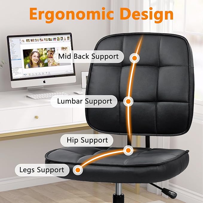 CLATINA Armless Home Office Chair with Lumbar Support and Wheels, Small PU Leather Ergonomic Low Back Desk Chairs No Arms, Adjustable Height 360° Swivel Rolling Computer Task Chair, Black, 4 Pack