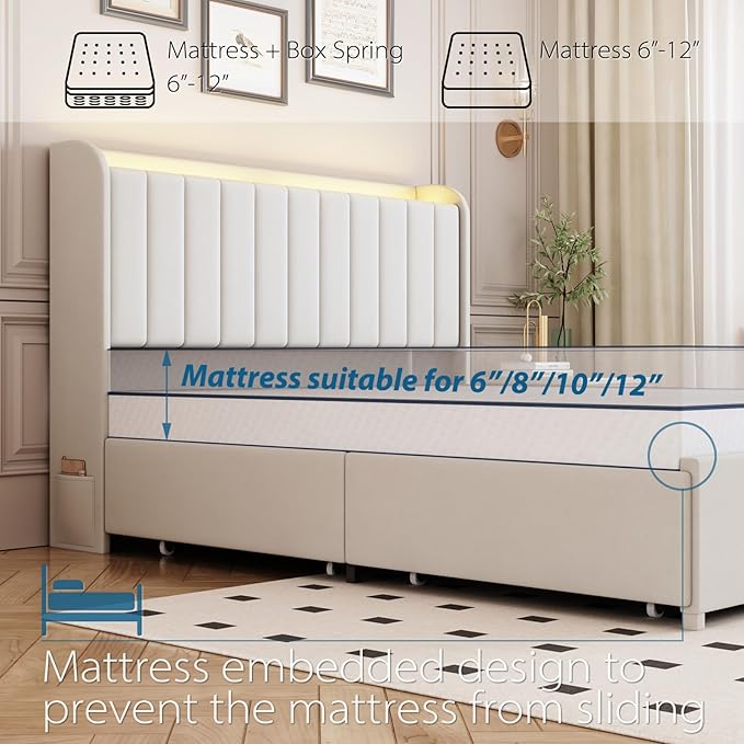 Full Bed Frame with 4 Drawers and Storage Headboard, Upholstered Platform Bed Frame Full Size with Led Lights and Handy Charging Station, No Box Spring Needed, Easy Assembly, Noise Free, Beige