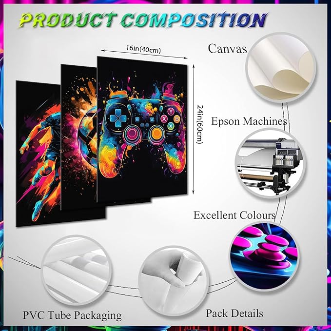 Canvas Wall Art Poster Decor, Paintings Art Game Controller Color Splash Ink Canvas Painting, Posters for Room Aesthetic, Soccer Wall Art for Boys Room Decor 16x24 - Unframed Set of 3
