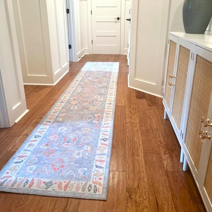 Fame Rugs Blue Modern Oushak Rug 2'6"x10, Vintage Turkish Colorful Oriental Antique Inspired Foldable Long Washable Runner Rugs, Luxury Living Room Bedroom (381LB, 2'6" x 10')