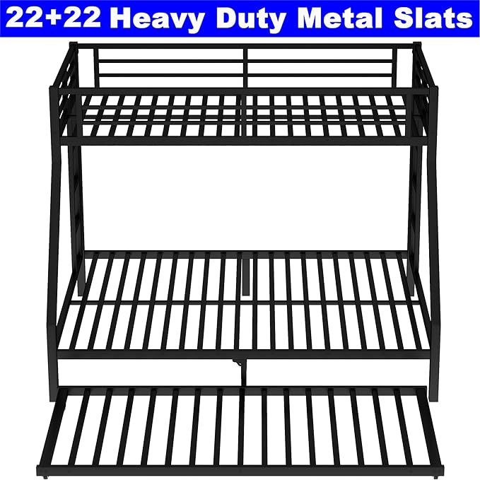 Upgraded Version Thicken Heavy Duty Metal Twin XL Over Queen Bunk Bed with Twin Size Trundle, Modern Style Stronger Twin Over Queen Bunk Bed Frame for Adults, Easy Assembly (Twin XL/Queen)