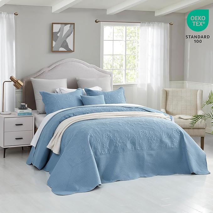 CHIXIN Bedspread Coverlet Quilt Set Full Size - Lightweight Bedding Cover - Ultrasonic Quilting - 5 Piece Reversible Bedspread - Vintage Rose Pattern (Full, Ashley Blue)