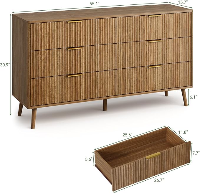 LYNSOM 55" Wide Fluted Dresser for Bedroom with 6 Drawer, Modern Chest of Drawers with Curved Profile Design and Metal Handles, Wood Dresser TV Stand & Storage Organizer for Living Room, Walnut