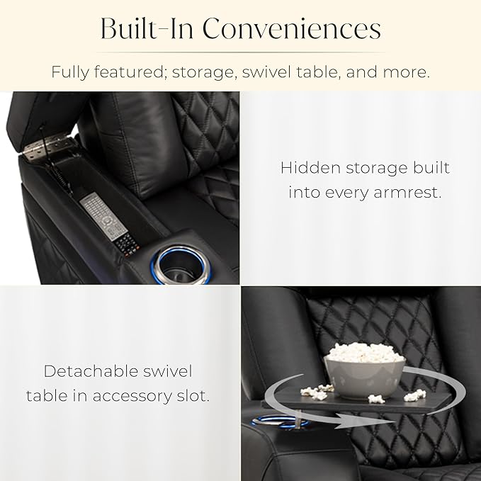 Seatcraft Diamante Zero-Gravity CoolZero Italian Leather Home Theater Seating, Power Headrest, Power Recline, Single Recliner, Black