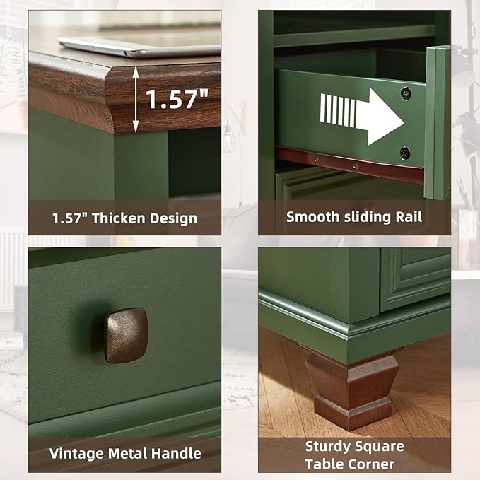 SAVOR LIFE Farmhouse Nightstand with Charging Station, Rustic Green Nightstand,2 Drawers End Table for Living Room,Bedside Table with Open Shelf for Bed Room,Green