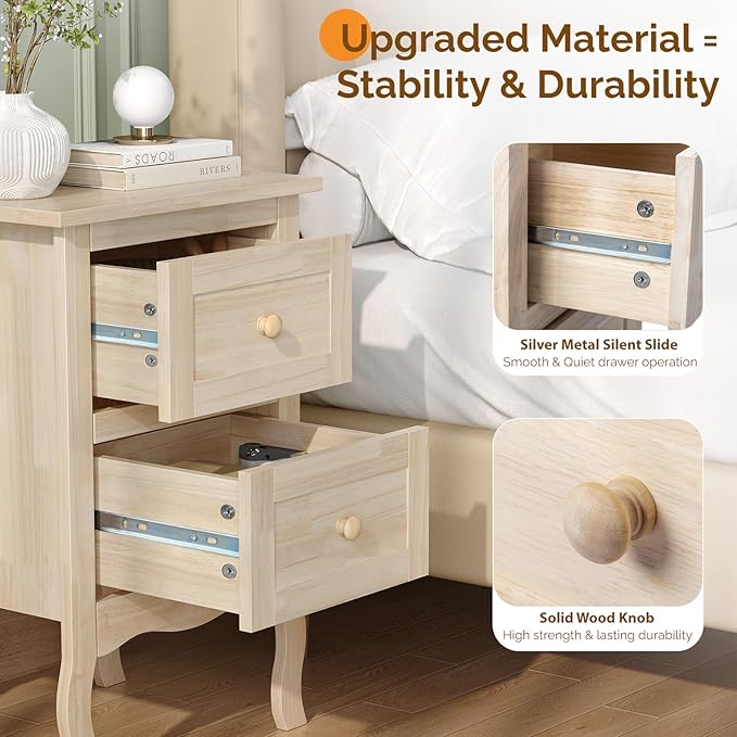 Bonnlo Nightstands Set of 2, Solid Wood Nightstand Unfinished for Color DIY, Small Night Stand for Bedroom, Natural Wood Nightstand with Drawers, Light Wood Nightstands, Real Wooden Bed Side Table