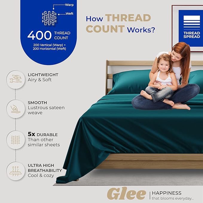 THREAD SPREAD 100% Cotton Bed Sheets Queen Set - 400 Thread Count Cotton Queen Sheets Only, 4 PC Set (Teal), Ultra Soft, Breathable, Cooling, Sateen Weave 16" Deep Pocket Bedsheet for Hot Sleepers