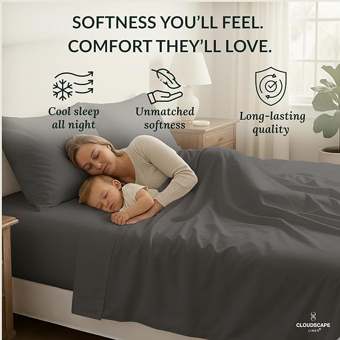 Cloud Scape Linen 100% Egyptian Cotton Sheets Full Size, 4 Pieces Luxury Bedding Set, 400 Thread Count,Hotel Quality, Silky Soft, Deep Pockets up to 17, Charcoal