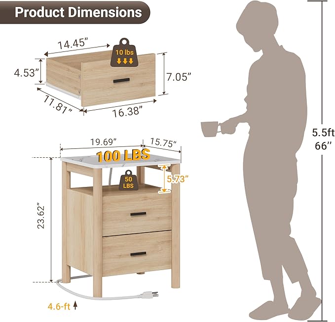 FavourLife Night Stand, 20" Wide Nightstand, Modern Large Nightstand with Charging Station & Faux Marble Top, 2 Drawer End Table with Solid Round Post Legs, Bedside Table for Bedroom, Natural Oak