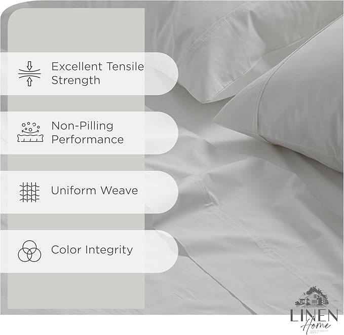Linen Home 100% Cotton Percale Sheet Set, Cal King Size, White, Deep Pocket, 6 Pieces Set - 1 Flat, 1 Deep Pocket Fitted Sheet and 4 Pillowcases, Crisp Cool and Strong Bed Linen