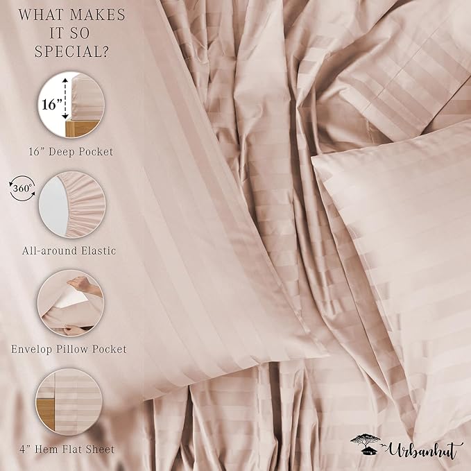 URBANHUT 800 Thread Count 100% Cotton Damask King Size Sheets, 4 Piece Striped King Size Bedsheets, Luxury Hotel Sheets Sateen Weave - Better Than Egyptian, 16" Elasticized Deep Pocket- Blush Pink