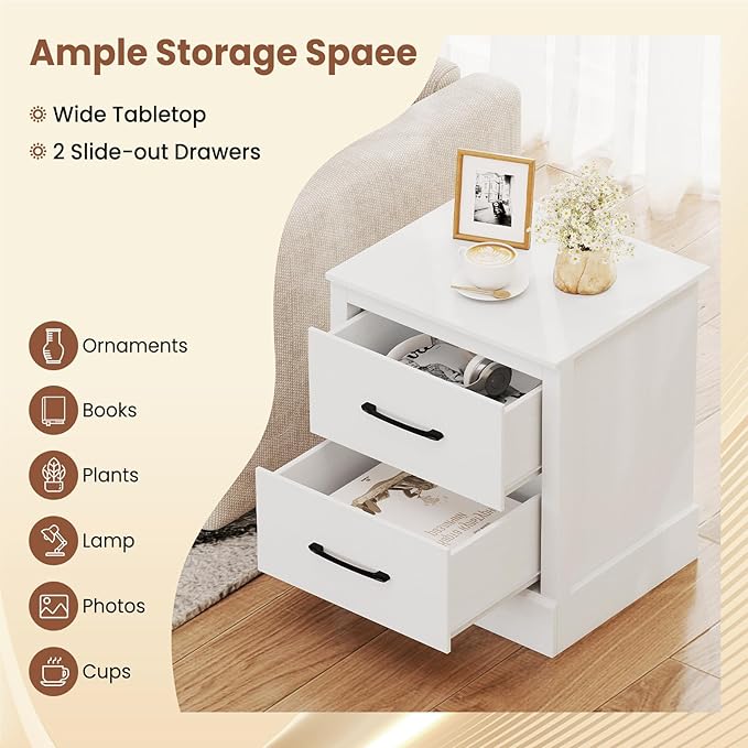 Giantex Modern Nightstand Set of 2, Wood Bedside Table with 2 Storage Drawers, Compact Floor Night Stand End Table, White Accent Sofa Side Table for Bedroom