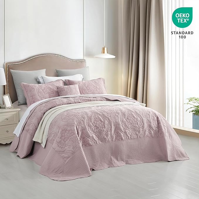CHIXIN Bedspread Coverlet Set Queen Size - Lightweight Bedding Cover - Beautiful Stitching - 5 Piece Reversible Bedspread - Gorgeous Damask Paisley Pattern (Queen, Pale Rose)