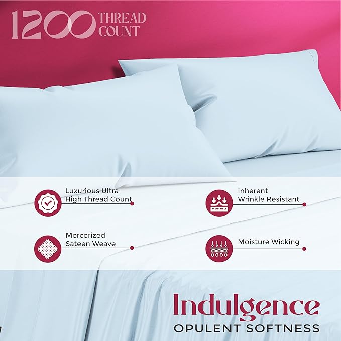 Mayfair Linen 100% Egyptian Cotton Queen Sheet set - Luxury 1200 High Thread Count Egyptian Cotton Sheets Queen Size (4 PC, Light Blue), Silky Soft, Cooling, 17" Deep Pocket Sateen Weave Hotel Bedding