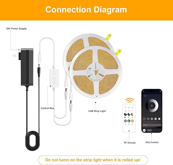 COB LED Strip Lights Warm White,24V Dimmable led Light Strip KIT with Remote and app Control,3000K 50FT/15m 8mm Wide Ra>90 Cuttable Flexible Strip Lights for Bedroom,Wardrobe,Cabinet