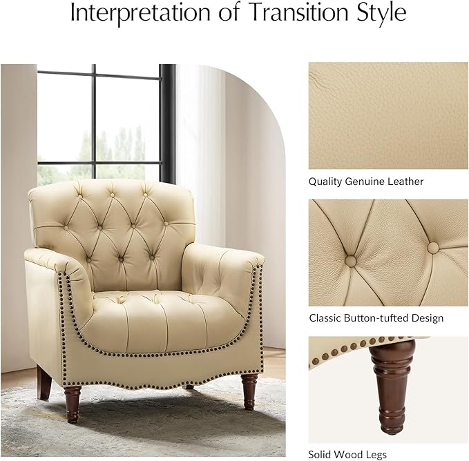 HULALA HOME Mid Century Modern Leather Club Chairs, Top-Grain Genuine Leather Armchairs with Button-Tufted Back & Solid Wood Legs, Accent Chairs for Living Room/Bedroom/Home Office, Beige